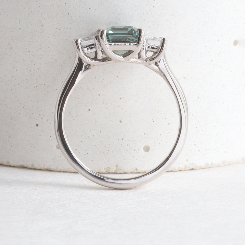 Ethical Jewellery & Engagement Rings Toronto - 2.15 ct Deep Seafoam Green Three Stone Trellis in White Gold - FTJCo Fine Jewellery & Goldsmiths