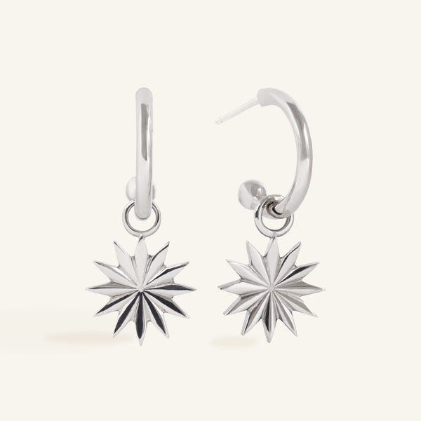 Sunburst Charm Hoops in Silver