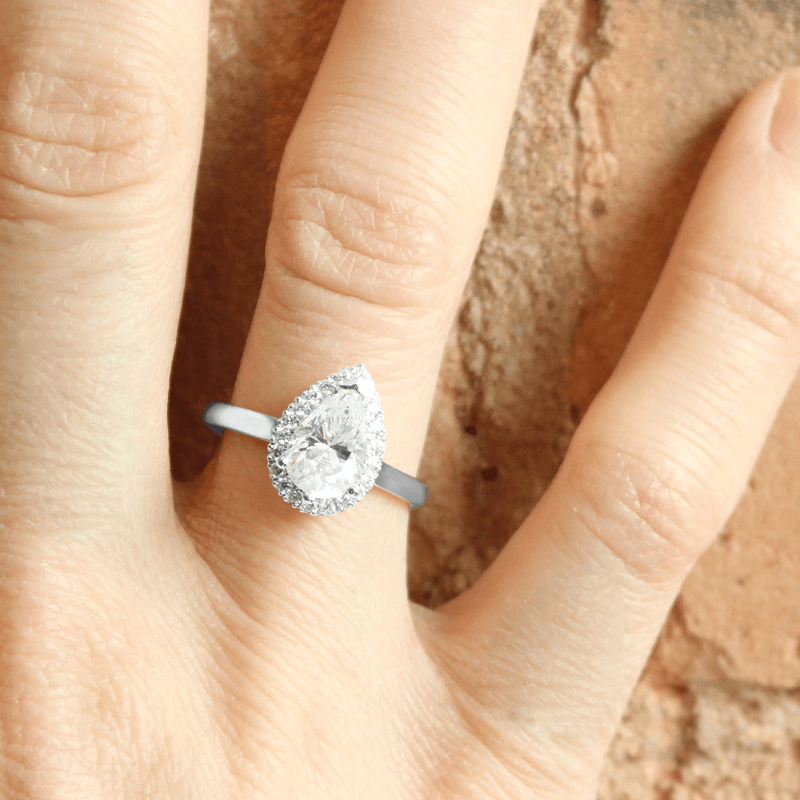 White Ethical Jewellery & Engagement Rings Toronto - Pear Love Note Halo - Fairtrade Jewellery Co.