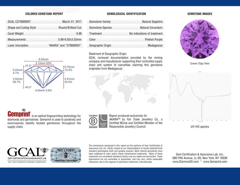 Ethical Jewellery & Engagement Rings Toronto - 0.86 ct AKARA Certified Round Magenta Purple Sapphire - Fairtrade Jewellery Co.