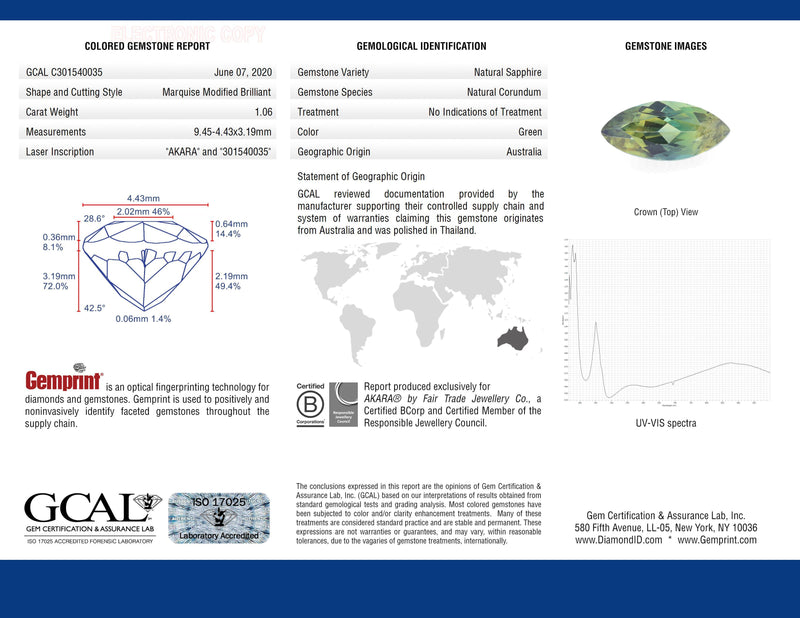 Ethical Jewellery & Engagement Rings Toronto - 1.06 ct Green Marquise Modified Brilliant Australian Sapphire - Fairtrade Jewellery Co.