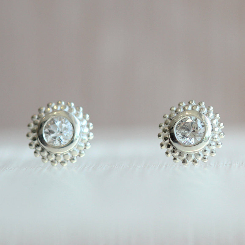 Ethical Jewellery & Engagement Rings Toronto - Dahlia Stud Earrings in Sterling Silver with White Lab Grown Sapphires - Fairtrade Jewellery Co.