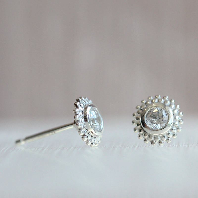 Ethical Jewellery & Engagement Rings Toronto - Dahlia Stud Earrings in Sterling Silver with White Lab Grown Sapphires - Fairtrade Jewellery Co.