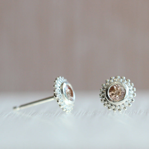 Ethical Jewellery & Engagement Rings Toronto - Dahlia Stud Earring in Sterling Silver with Champagne Lab Grown Sapphires - Fairtrade Jewellery Co.