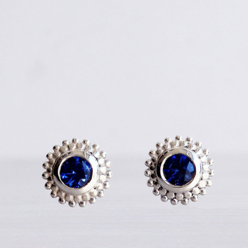Ethical Jewellery & Engagement Rings Toronto - Dahlia Stud Earrings In Sterling Silver With Blue Lab Grown Sapphires - Fairtrade Jewellery Co.