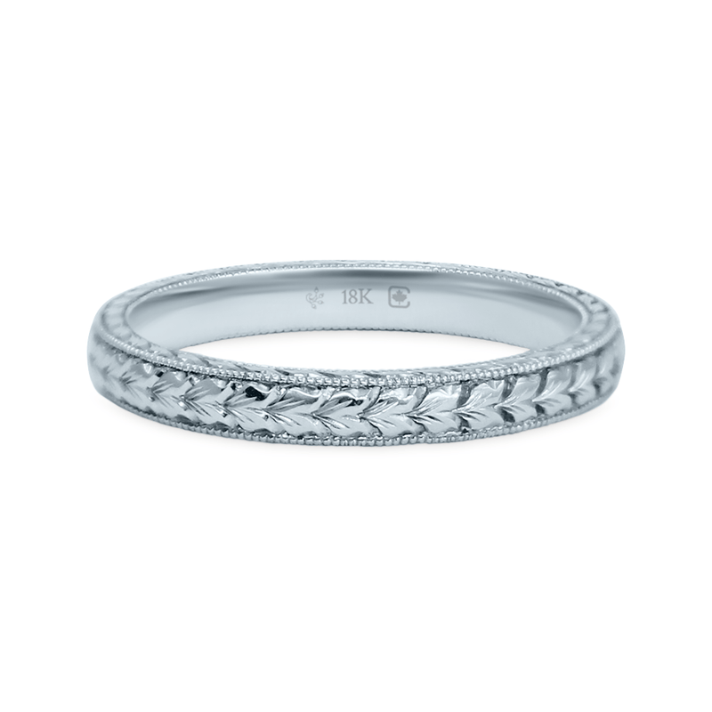 White Ethical Jewellery & Engagement Rings Toronto - 18K 2.5mm Hand Engraved Leaf Pattern Band - Fairtrade Jewellery Co.