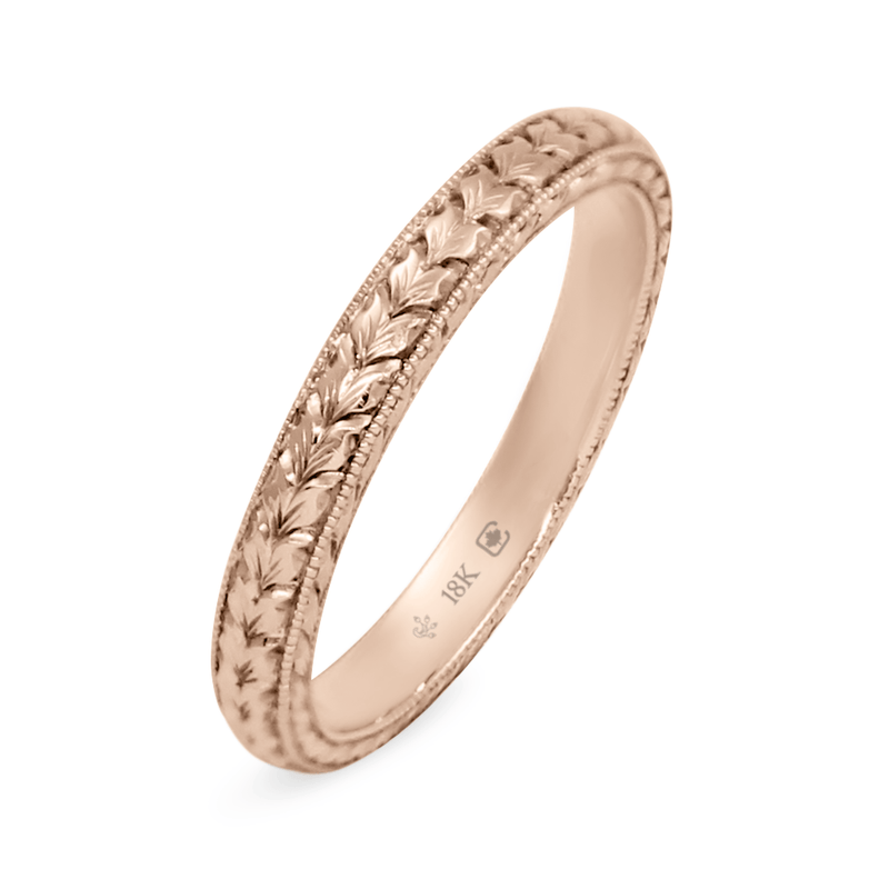 Rose/Pink Ethical Jewellery & Engagement Rings Toronto - 18K 2.5mm Hand Engraved Leaf Pattern Band - Fairtrade Jewellery Co.