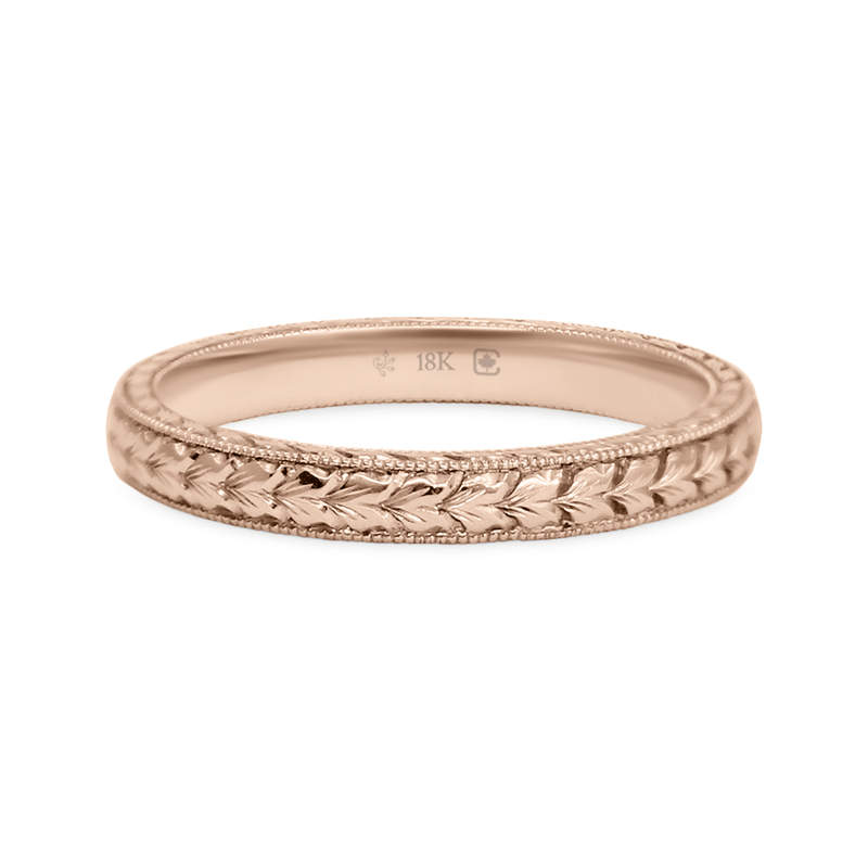 Rose/Pink Ethical Jewellery & Engagement Rings Toronto - 18K 2.5mm Hand Engraved Leaf Pattern Band - Fairtrade Jewellery Co.