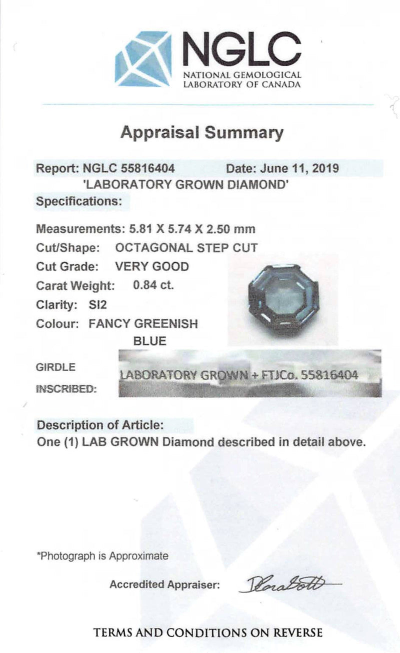 Ethical Jewellery & Engagement Rings Toronto - 0.84 ct Fancy Greenish Blue Octagon Rose-Cut Diamond - Fairtrade Jewellery Co.