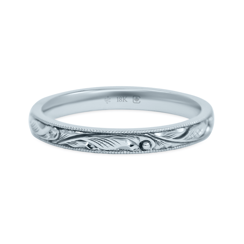 White Ethical Jewellery & Engagement Rings Toronto - 18K 2.5mm Hand Engraved Scroll Pattern Band - Fairtrade Jewellery Co.