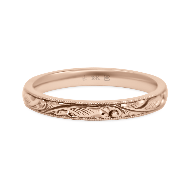 Rose/Pink Ethical Jewellery & Engagement Rings Toronto - 18K 2.5mm Hand Engraved Scroll Pattern Band - Fairtrade Jewellery Co.