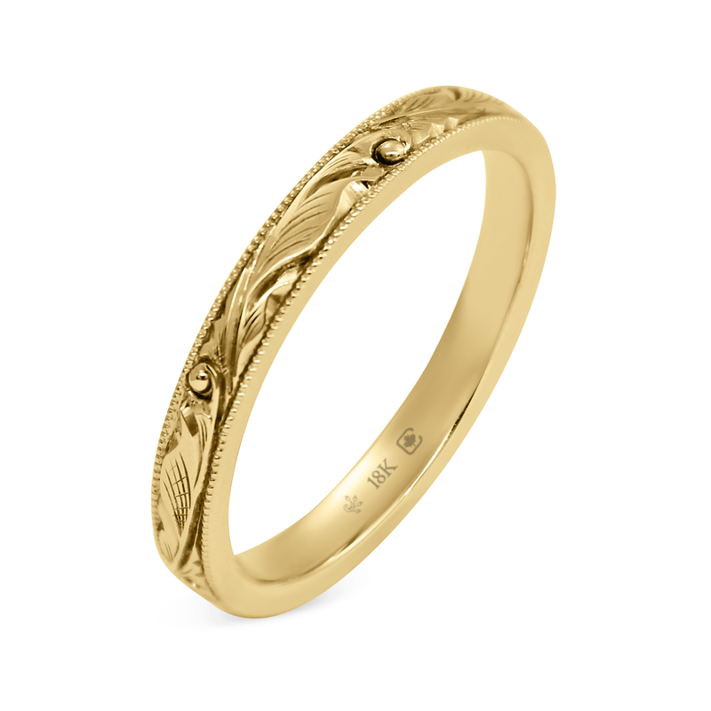 Yellow Ethical Jewellery & Engagement Rings Toronto - 18K 2.5mm Hand Engraved Scroll Pattern Band - Fairtrade Jewellery Co.