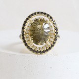 Ethical Jewellery & Engagement Rings Toronto - 5.0 ct Olive Green Oval Tourmaline Double Halo Tourmaline Ring in Yellow - FTJCo Fine Jewellery & Goldsmiths