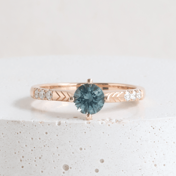 Ethical Jewellery & Engagement Rings Toronto - 0.57 ct Sunny Teal Green Sapphire Contemporary Love Note Solitaire with Chevrons and Pave Rose Gold - FTJCo Fine Jewellery & Goldsmiths