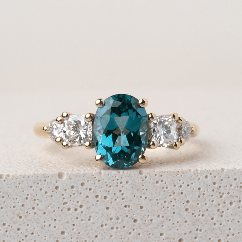 Ethical Jewellery & Engagement Rings Toronto - 1.51 ct Paraiba Oval Spinel Five Stone Ring in Yellow Gold - FTJCo Fine Jewellery & Goldsmiths