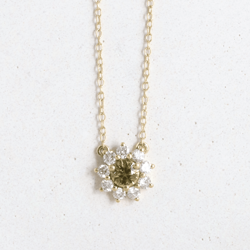 Ethical Jewellery & Engagement Rings Toronto - 0.48 ct Round Moss Chrysoberyl Daisy Halo Pendant in Yellow - FTJCo Fine Jewellery & Goldsmiths