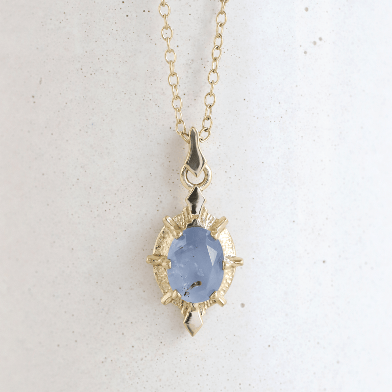 Ethical Custom Ring 1.46 ct Oval Rustic Blue Sapphire Deco Compass Pendant in Yellow Gold Toronto Canada FTJCo Fine Jewellers Goldsmiths Toronto Jewelry Store