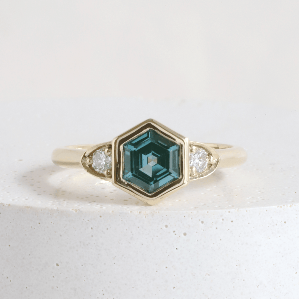 Ethical, Custom Ring-1.11 ct Teal Spinel Hex Three Stone Bezel