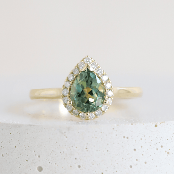 Ethical Jewellery & Engagement Rings Toronto - 1.25 ct Spring Green Sapphire Love Note Halo in Yellow Gold - FTJCo Fine Jewellery & Goldsmiths