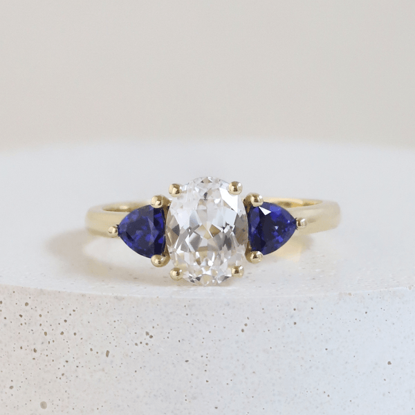 Ethical Jewellery & Engagement Rings Toronto - 1.66 ct White & Blue Sapphire Oval & Trillion Trellis Ring in Yellow Gold - FTJCo Fine Jewellery & Goldsmiths