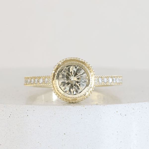 Ethical Jewellery & Engagement Rings Toronto - 0.95 ct Golden Yellow Sapphire Bezel Side Halo in Yellow Gold - FTJCo Fine Jewellery & Goldsmiths