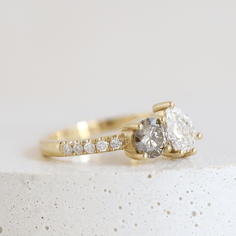 Ethical Jewellery & Engagement Rings Toronto - Green Round & White Pear Toi et Moi Ring in Yellow Gold - FTJCo Fine Jewellery & Goldsmiths