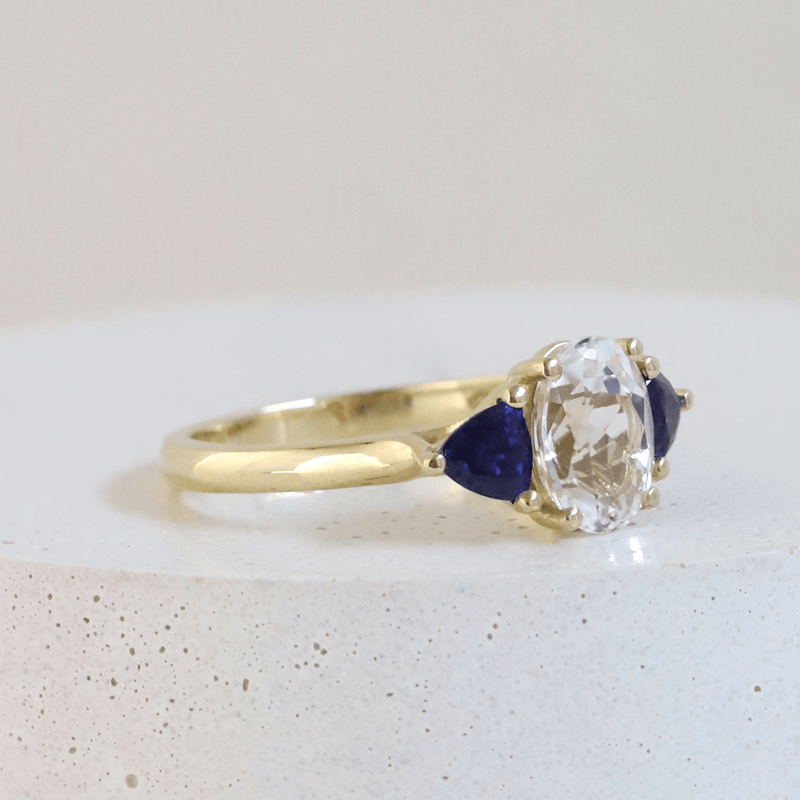 Ethical Jewellery & Engagement Rings Toronto - 1.66 ct White & Blue Sapphire Oval & Trillion Trellis Ring in Yellow Gold - FTJCo Fine Jewellery & Goldsmiths