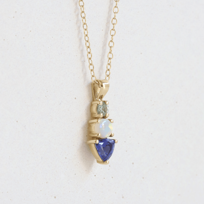 Ethical Jewellery & Engagement Rings Toronto - Three Stone Pendant Green Sapphire, Opal & Blue Sapphire in Yellow Gold - FTJCo Fine Jewellery & Goldsmiths