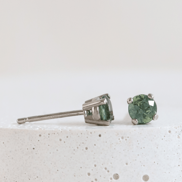 Ethical Jewellery & Engagement Rings Toronto - 3.9 mm Green Australian Sapphire Four Prong Stud in White Gold - FTJCo Fine Jewellery & Goldsmiths