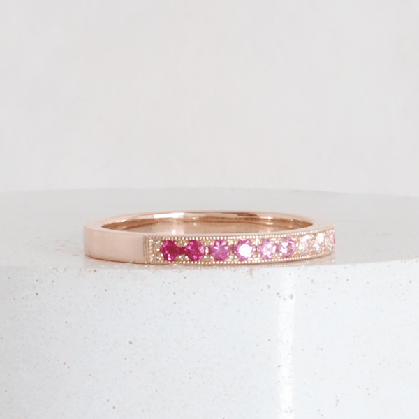 Ethical Jewellery & Engagement Rings Toronto - Pink Sapphire Gradient Bead-set Band with Milgrain in Rose Gold - FTJCo Fine Jewellery & Goldsmiths