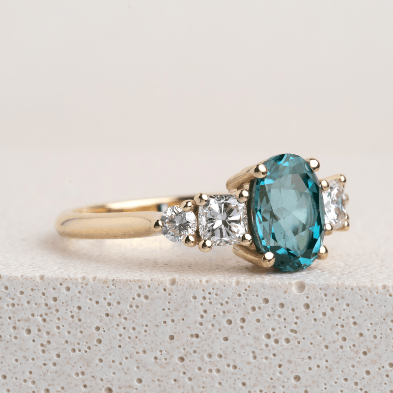 Ethical Jewellery & Engagement Rings Toronto - 1.51 ct Paraiba Oval Spinel Five Stone Ring in Yellow Gold - FTJCo Fine Jewellery & Goldsmiths