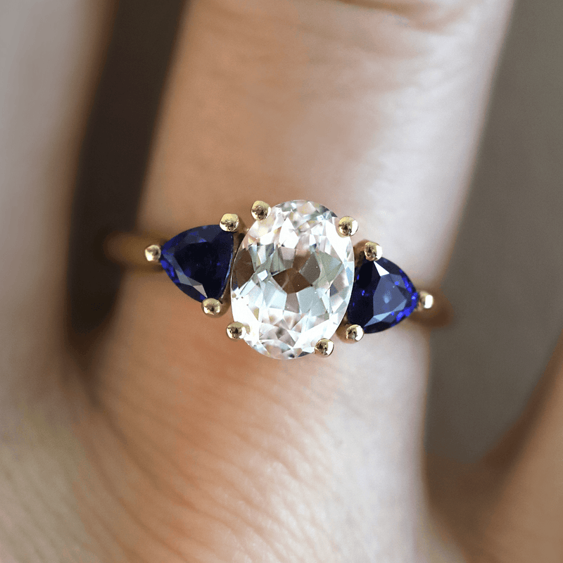 Ethical Jewellery & Engagement Rings Toronto - 1.66 ct White & Blue Sapphire Oval & Trillion Trellis Ring in Yellow Gold - FTJCo Fine Jewellery & Goldsmiths