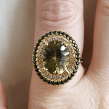 Ethical Jewellery & Engagement Rings Toronto - 5.0 ct Olive Green Oval Tourmaline Double Halo Tourmaline Ring in Yellow - FTJCo Fine Jewellery & Goldsmiths
