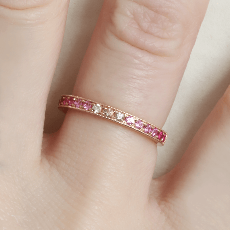 Ethical Jewellery & Engagement Rings Toronto - Pink Sapphire Gradient Bead-set Band with Milgrain in Rose Gold - FTJCo Fine Jewellery & Goldsmiths