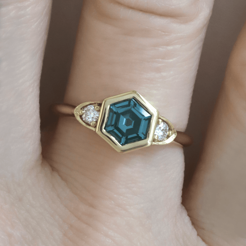 Ethical Jewellery & Engagement Rings Toronto - 1.11 ct Teal Spinel Hex Three Stone Bezel Ring in Yellow - FTJCo Fine Jewellery & Goldsmiths