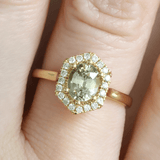 Ethical Jewellery & Engagement Rings Toronto - 1.06 ct Moss Green Oval Hex Halo in Yellow Gold - FTJCo Fine Jewellery & Goldsmiths